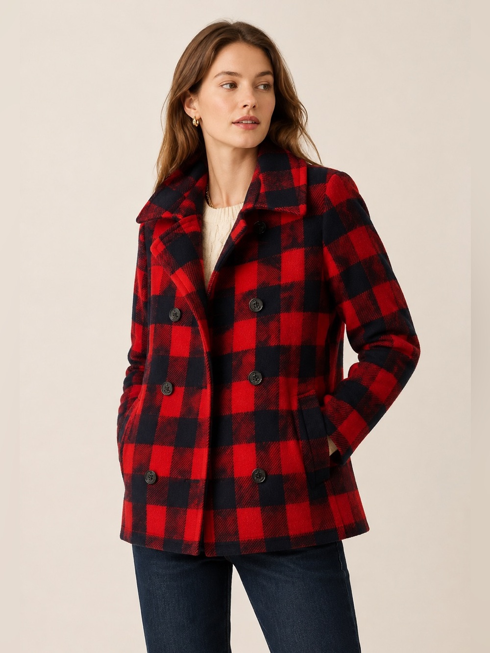 J.Crew Red & Black Buffalo Plaid Double-Breasted Peacoat Jacket Size 6